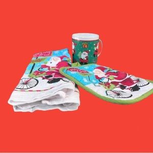 Santa Claus kitchen towel, pot holder, and mug bundle